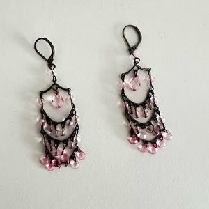 Set of Three pairs of Beaded Dangly Earrings- one green, one blue, one pink.